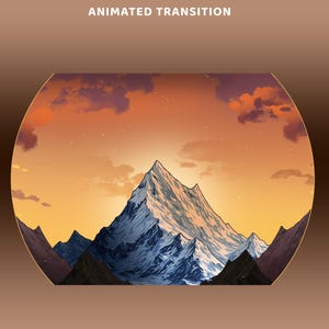 May include: A digital illustration of a snow-capped mountain peak centered within a circular frame against a sunset sky with orange and yellow hues. The text ANIMATED TRANSITION appears in white at the top of the image above the circular graphic.