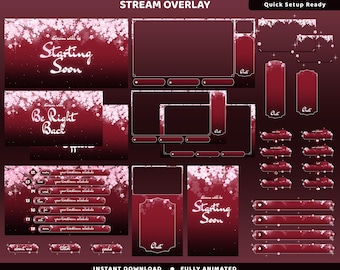 Sakura Twilight Rain Twitch-overlaypakket, kersenbloesem, roze Sakura Twitch-overlay, Twitch-graphics, livestreaming, Kawaii-overlay, OBS
