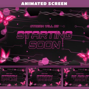 Könnte beinhalten: Ein digitales animiertes Bildschirm-Overlay-Set mit dunklem Hintergrund, leuchtenden rosa Schmetterlingen, Metallketten und Leiterbahnlinien. Der Text zeigt "STREAM WILL BE STARTING SOON", "STREAM OFFLINE", "STREAM ENDING" und "BE RIGHT BACK".