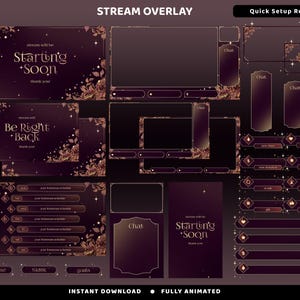 May include: A digital stream overlay set featuring a dark purple and gold color palette with floral accents and star motifs. Includes screens for Starting Soon and Be Right Back, chat boxes, schedule templates, and various notification bars.
