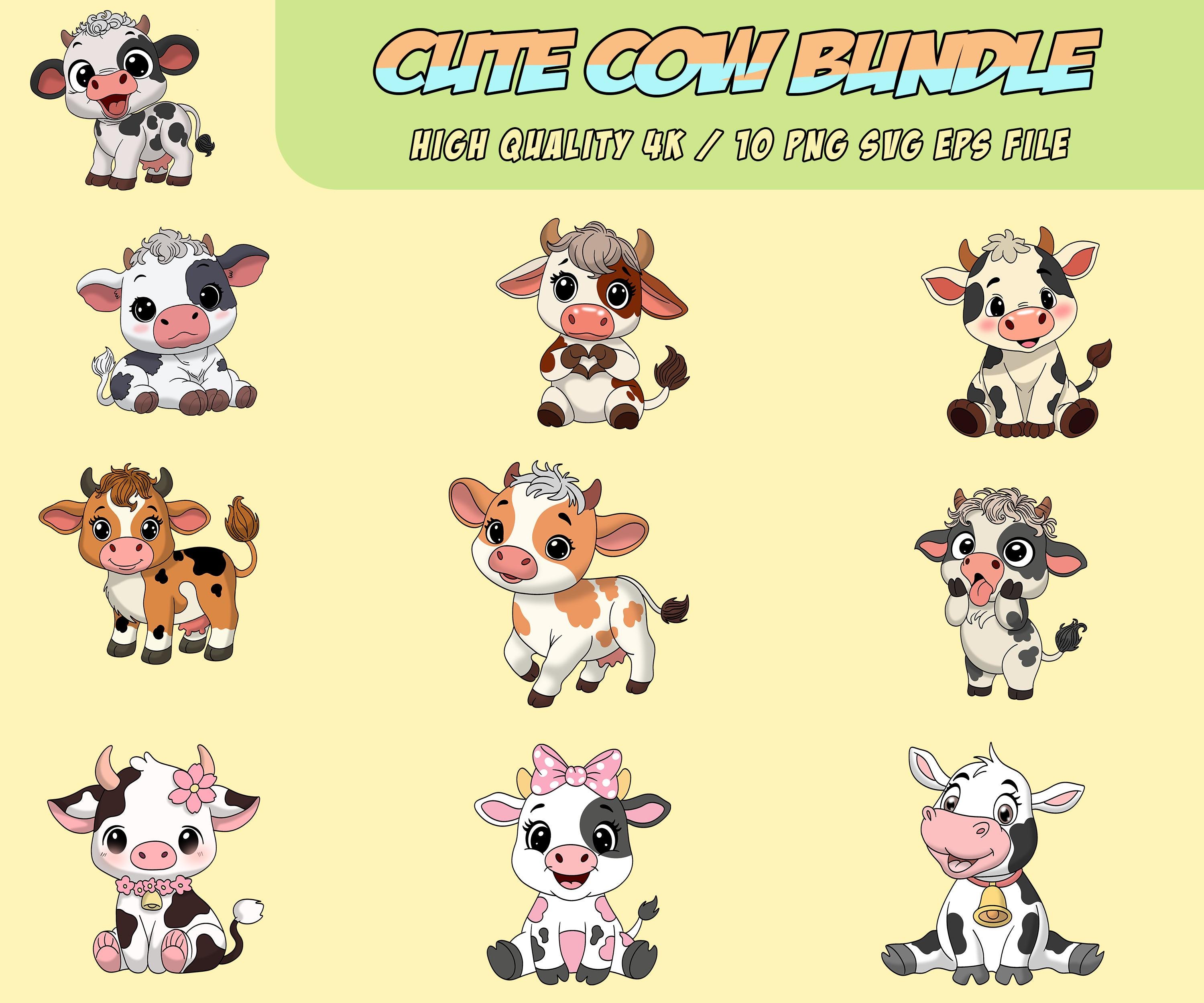 Cute Baby Cow Clipart Bundle 4K PNG SVG EPS, Kawaii Farm Animal Calf ...