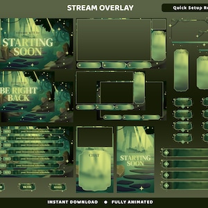 Può includere: Un set di overlay per streaming a tema foresta con toni verdi, raggi di luce e scintille. Include schermate con testo come STARTING SOON, BE RIGHT BACK e CHAT, oltre a vari riquadri, barre per il programma e pulsanti per lo streaming.