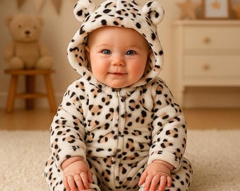 May include: A baby wearing a white and brown leopard print hooded jumpsuit with bear ears. The baby is sitting on a white rug and smiling. The jumpsuit has a zipper closure.