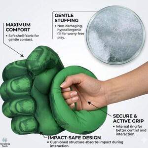 May include: A green Hulk-themed hand toy with a soft-shell fabric and gentle stuffing. The toy features an internal ring for a secure grip and impact-safe design. The image also shows the text "MAXIMUM COMFORT", "GENTLE STUFFING", "IMPACT-SAFE DESIGN", and "SECURE & ACTIVE GRIP".
