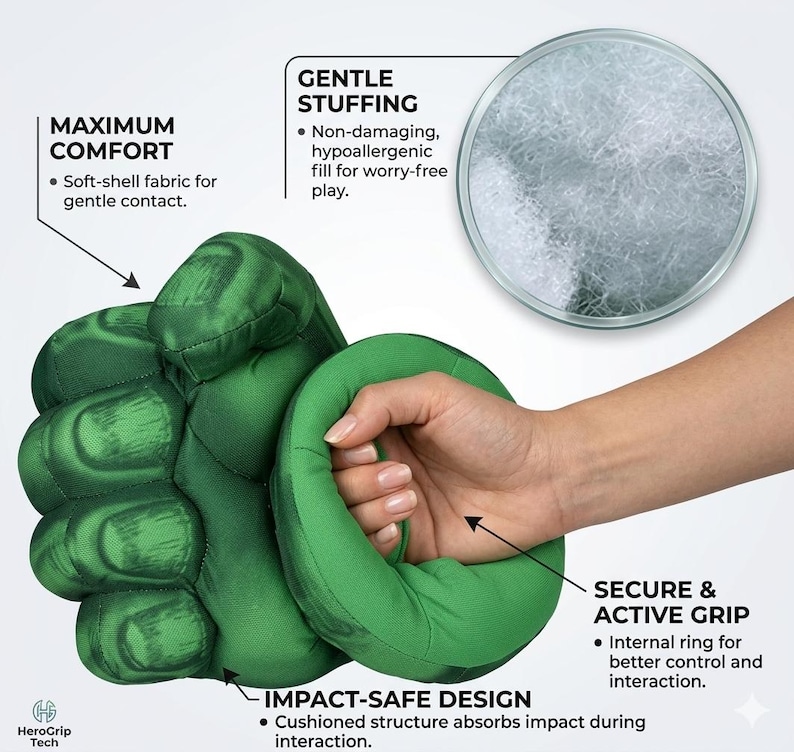 May include: A green Hulk-themed hand toy with a soft-shell fabric and gentle stuffing. The toy features an internal ring for a secure grip and impact-safe design. The image also shows the text "MAXIMUM COMFORT", "GENTLE STUFFING", "IMPACT-SAFE DESIGN", and "SECURE & ACTIVE GRIP".