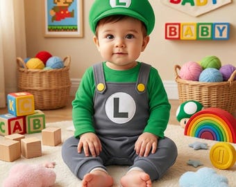Baby Luigi Costume Romper and Hat Set | Infant Grey Overalls Green Outfit