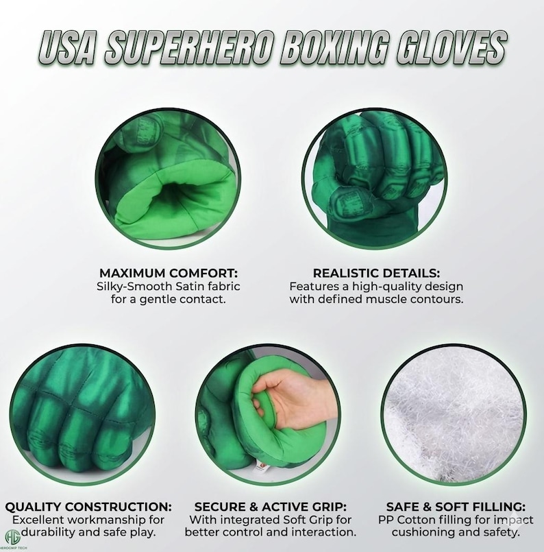 May include: Green superhero boxing gloves with the text "USA SUPERHERO BOXING GLOVES". The gloves feature a realistic design with defined muscle contours, silky-smooth satin fabric, and a secure grip. They are filled with PP cotton for impact cushioning.