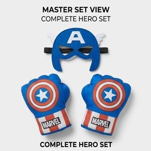 May include: A complete hero set featuring a blue mask with a white "A" and wings, and two blue gloves with a shield design and the word "MARVEL". The text "MASTER SET VIEW COMPLETE HERO SET" is at the top and "COMPLETE HERO SET" at the bottom.