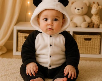 May include: A baby wearing a black and white panda bear costume with a hood and black button closures. The baby is sitting on a white rug. A shelf with stuffed animals and woven baskets is in the background.