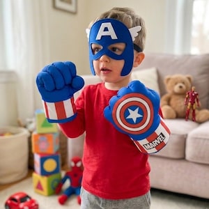 May include: A child wearing a Captain America mask and boxing gloves. The blue mask has a white "A" and wings. The gloves are blue with red and white stripes and a Captain America shield design. The word "MARVEL" is printed on the gloves.