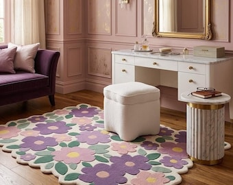 Luxury Floral Area Rug, Pastel Flower Carpet, Pink Purple Bedroom Decor, Aesthetic Tufted Rug, Soft Nursery Rug, Vintage Princess Room Decor