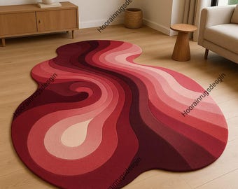Tappeto moderno trapuntato a mano con motivo astratto ondulato - Gradiente retrò rosso e rosa, forma irregolare, ideale per soggiorno e camera da letto.