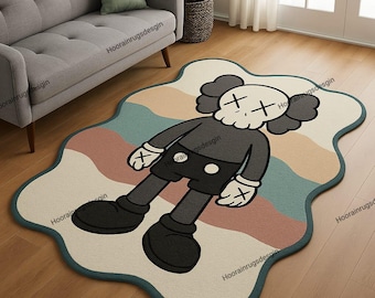 Alfombra KAWS hecha a mano con dibujos animados ondulados. Alfombra moderna para sala de estar, diseño elegante y suave.