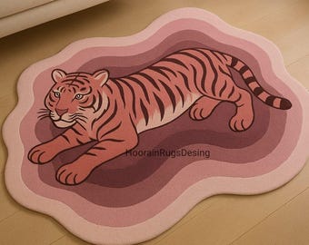 Pink Tiger Shaped Rug - Aesthetic Animal Carpet for living Room or Nursery, Cute Boho Jungle Decor, Soft Hand Tufted