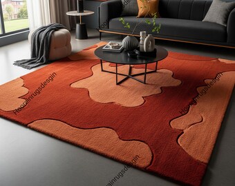 Warm Terracotta & Orange Cloud Rug | Hand Tufted Abstract Area Rug Soft pile Living Room Carpet Earthy Tone Decor
