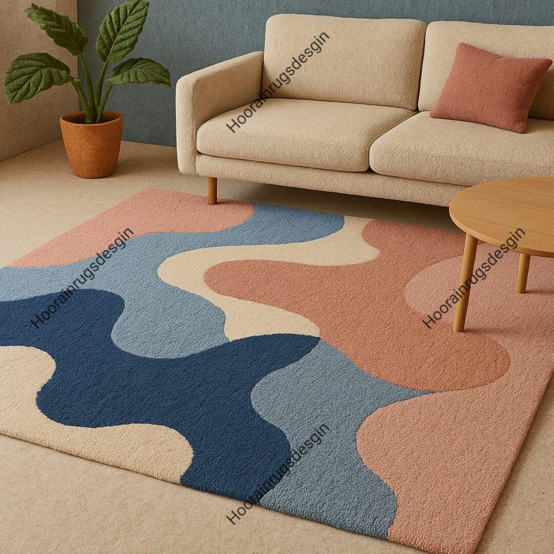 Hand Tufted Modern Abstract Wavy Area Rug - Colorful Geometric Carpet ...