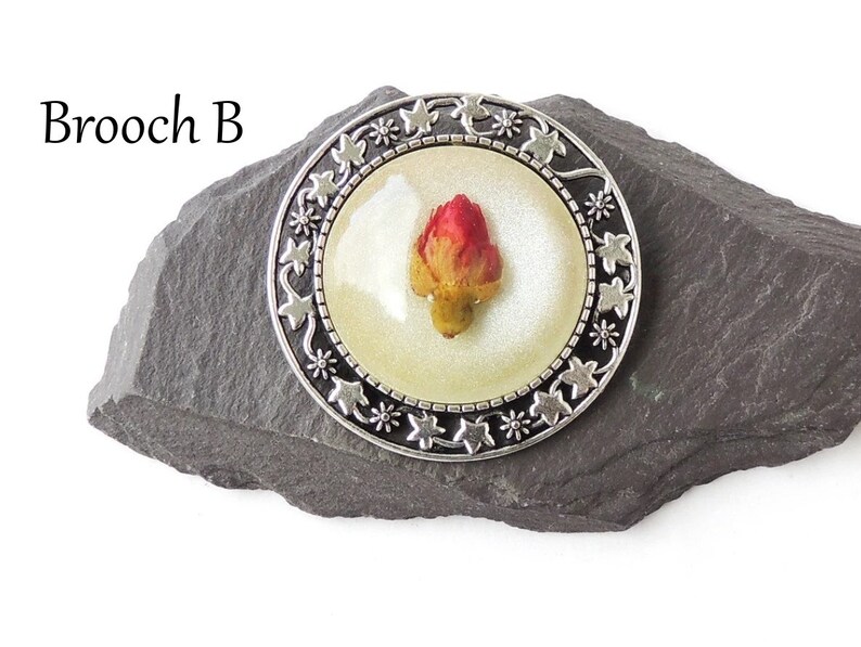 Rose Brooch with Real Red Rosebud Cabochon, Resin Flower Cabochon, Buttonhole Brooch, UK Seller Brooch B