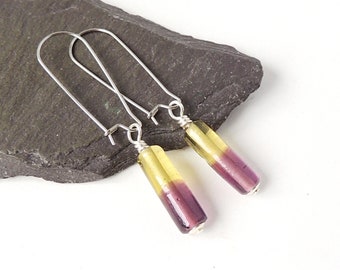 Purple & Gold Colour Drop Earrings with Glass Tube Beads on Stainless Steel Kidney Ear Wires, UK Seller