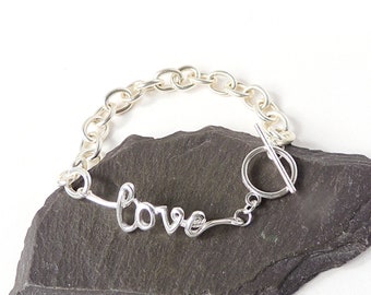 Love Word Bracelet, Toggle Clasp, Silver Plated, 19cm/7.5" Long,  UK Seller