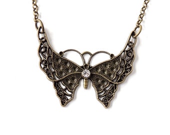 Butterfly Necklace with Large Antique Bronze Plated Butterfly, Toggle Clasp, 16" Long, UK Seller