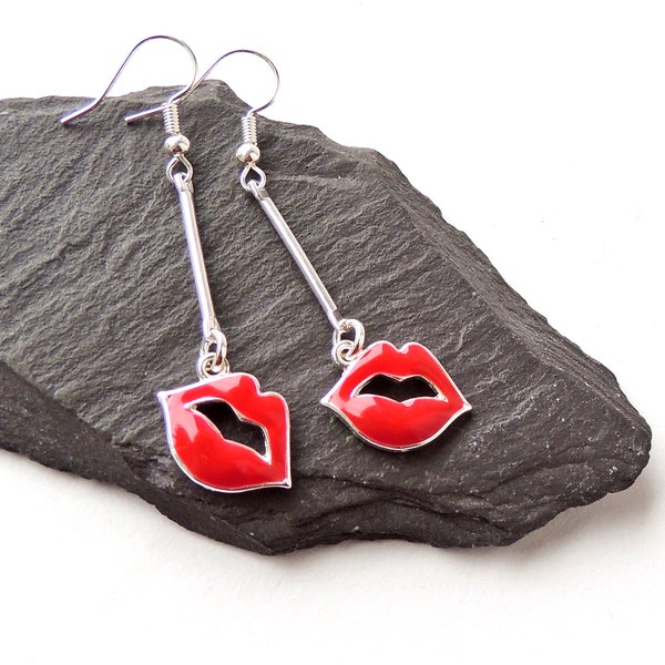 Red Lip Earrings with Red Lipstick Mouth Charms on Silver Plated Fish Hook Ear Wires, Long Drop Earrings, UK Seller