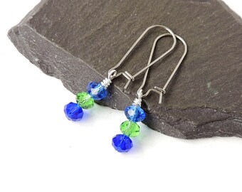 Blue & Green Earrings, Little Crystal Beads on Stainless Steel Kidney Ear Wires, UK Seller