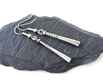 Silver Stick Earrings with Silver Colour Charms on Silver Plated Fish Hook Ear Wires, UK Seller