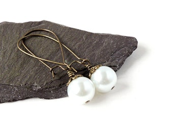 Pearl Drop Earrings, White Imitation Glass Pearls with Bronze Bead Caps on Antique Bronze Plated Kidney or Safety Ear Wires, UK Seller