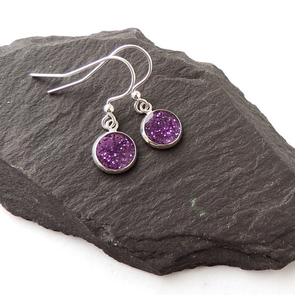 Little Purple Earrings with Small Purple Glitter Charms, Silver Plated, UK Seller