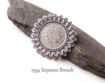 1954 Sixpence Brooch, Quirky 70th Birthday Badge, Lucky Sixpence in Silver Colour Brooch Setting, UK Seller