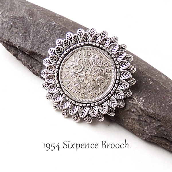 1954 Sixpence Brooch, Quirky 70th Birthday Badge, Lucky Sixpence in Silver Colour Brooch Setting, UK Seller