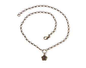 Bronze Necklace with Little Flower Charm on Antique Bronze Plated Chain, 16" Long, UK Seller