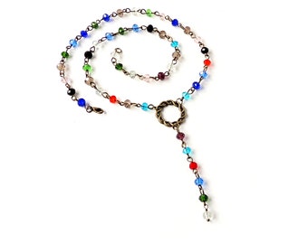 Y Shape Multicoloured Beaded Necklace, Antique Bronze Plated Rosary Chain Necklace,  18" Long, UK Seller