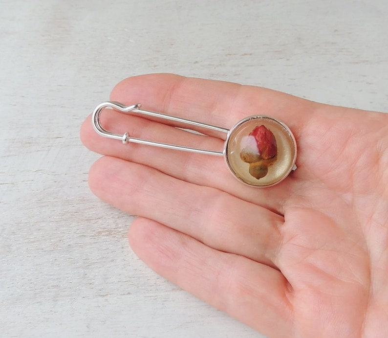 Rose Brooch with Real Red Rosebud Cabochon, Resin Flower Cabochon, Buttonhole Brooch, UK Seller image 3