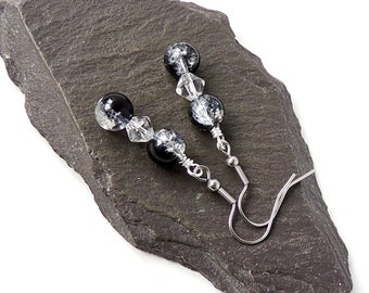 Black & Silver Colour Earrings with Glass Crackled Beads on Stainless Steel Ear Wires,  UK Seller