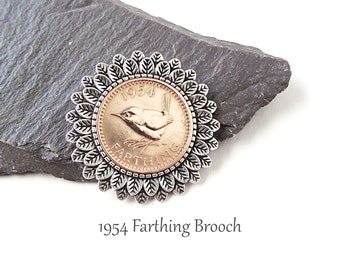 1954 Farthing Coin Brooch, Quirky 70th Birthday Badge, UK Seller