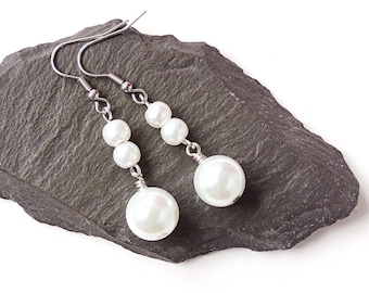 Dangly Pearl Earrings with White Glass Imitation Pearl Beads on Stainless Steel Ear Wires, UK Seller