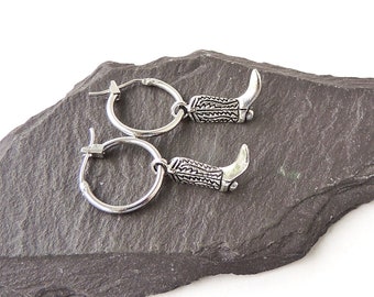 Cowboy Boot Hoop Earrings with Silver Colour Charms on Platinum Plated Hook Ear Wires, UK Seller