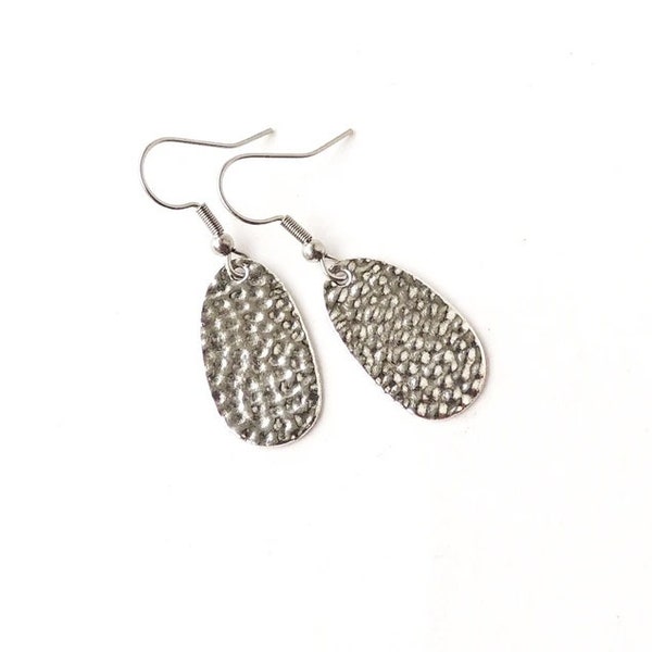 Silver Drop Earrings with Dimpled Oval Shape Silver Colour Charms on Stainless Steel Earwires, UK Seller