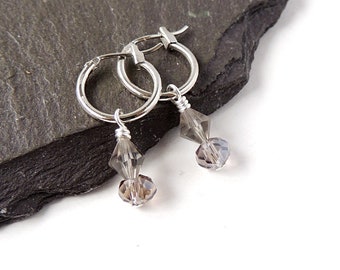 Grey Crystal Hoop Earrings with Faceted Beads on Small Platinum Plated Hoop Earrings, UK Seller