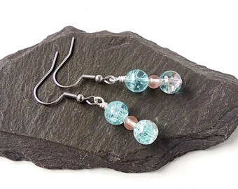 Blue & Pink Earrings with Glass Crackled Beads on Stainless Steel Ear Wires,  UK Seller