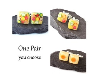 Food Cufflinks with Miniature Fruit or Croissant in Resin Cabochons, UK Seller