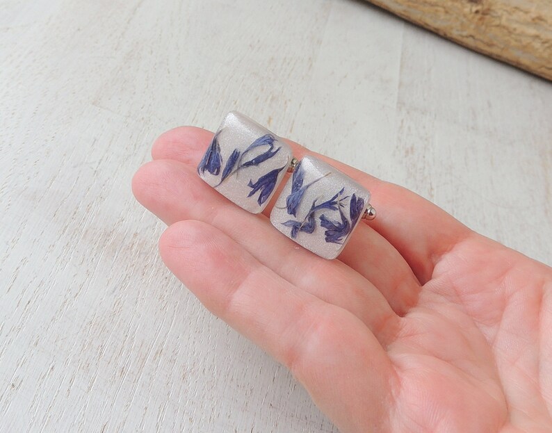 Cornflower Cufflinks with Real Blue Cornflower Petals in White Resin Cabochons UK Seller