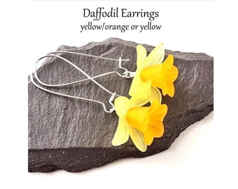 Daffodil Earrings, Yellow or Yellow/Orange, Lucite Flowers on Long Kidney or Safety Ear Wires, UK Seller