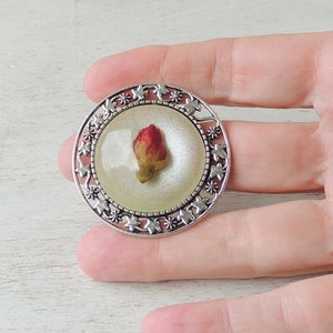 Rose Brooch with Real Red Rosebud Cabochon, Resin Flower Cabochon, Buttonhole Brooch, UK Seller image 5