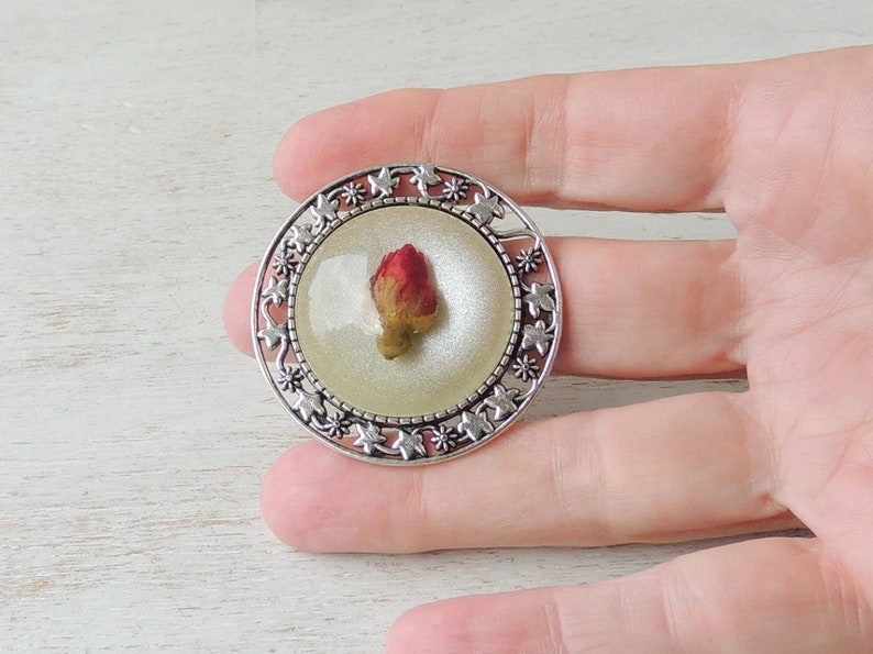 Rose Brooch with Real Red Rosebud Cabochon, Resin Flower Cabochon, Buttonhole Brooch, UK Seller image 5