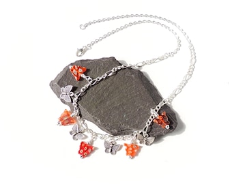 Butterfly Necklace with Orange & Red Millefiori Butterflies and Silver Colour Butterfly Charms on 18" Chain Necklace, UK Seller