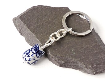 Owl Keyring or Bag Charm with Blue & White Ceramic Owl Bead,  UK Seller