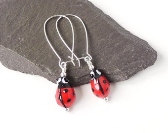 Ladybird Earrings with Red Glass Ladybird Beads on Silver Plated Kidney or Safety Ear Wires, UK Seller