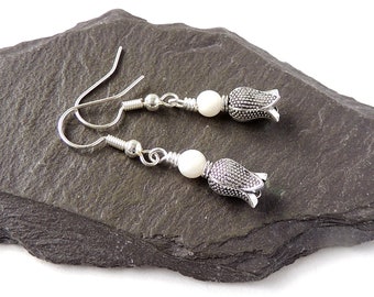 Silver & Cream Tulip Earrings, Silver Colour Flowers with Small Oyster Shell Beads on Silver Plated Fish Hook Ear Wires, UK Seller